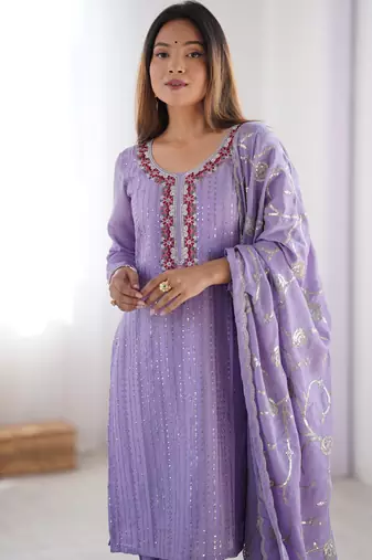 Lavender embroidered  Kurti Set With Dupatta Festival Wear Suit Set New Arrival