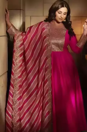 Pink Georgette Heavy Sequence Work Anarkali With Pant & Dupatta 