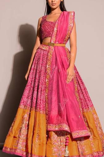 Pink and Orange Bandhani sequin Work Lehenga Choli with Dupatta