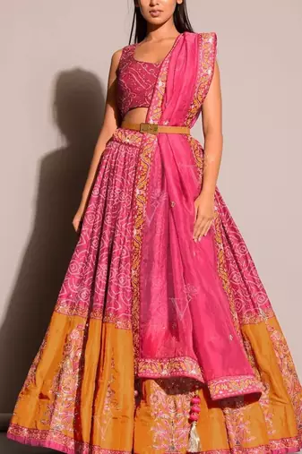 Pink and Orange Bandhani sequin Work Lehenga Choli with Dupatta