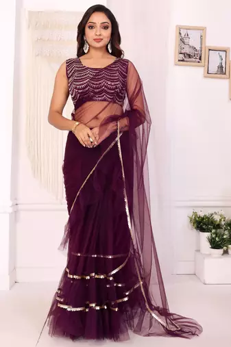 wine Net Ready to Wear Ruffle Style Saree With Unstitched Blouse