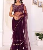 ready to wear wine net ruffle style saree with unstitched blouse