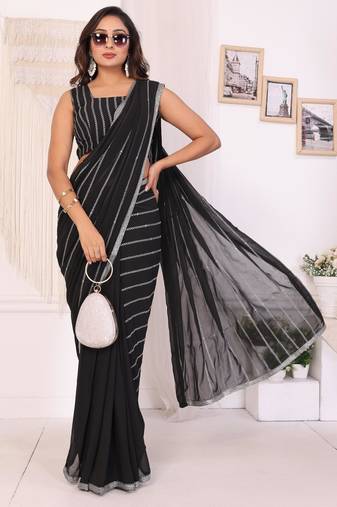 New Arrival Georgette Embroidery Work Ready to Wear Saree With Unstitched Embroidery Work Blouse