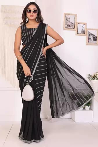 New Arrival Georgette Embroidery Work Ready to Wear Saree With Unstitched Embroidery Work Blouse