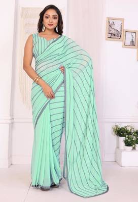 ready to wear sea green georgette embroidered saree with unstitched blouse 1
