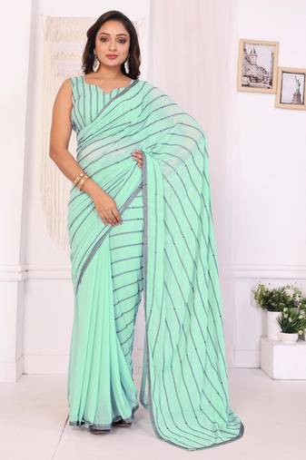 sea green Georgette Embroidered Ready to Wear Saree With Unstitched Blouse