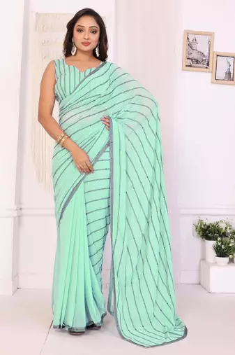 sea green Georgette Embroidered Ready to Wear Saree With Unstitched Blouse