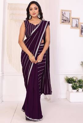 ready to wear wine georgette embroidered saree with unstitched blouse 1