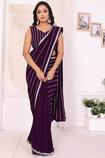 wine Georgette Embroidered Ready to Wear Saree With Unstitched Blouse