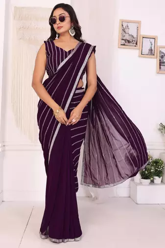 ready to wear wine georgette embroidered saree with unstitched blouse