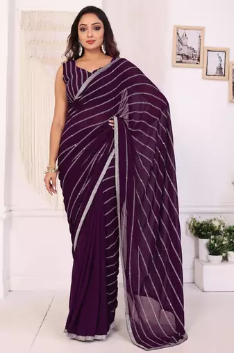 ready to wear wine georgette embroidered saree with unstitched blouse