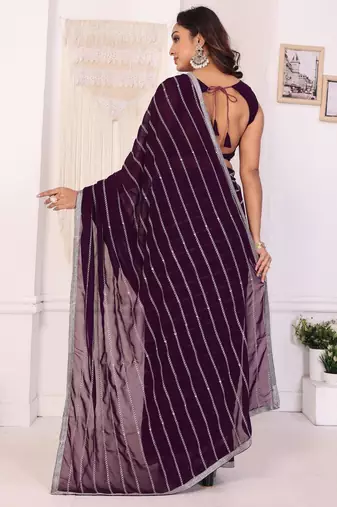 ready to wear wine georgette embroidered saree with unstitched blouse