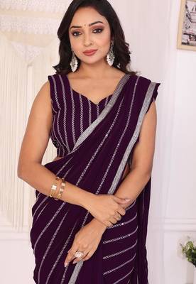 ready to wear wine georgette embroidered saree with unstitched blouse 5