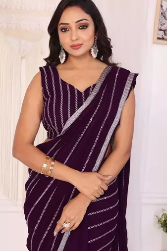 ready to wear wine georgette embroidered saree with unstitched blouse