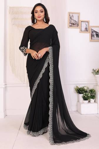 Attractive Embroidery Georgette Ready to Wear Saree With Unstitched Embroidery Blouse