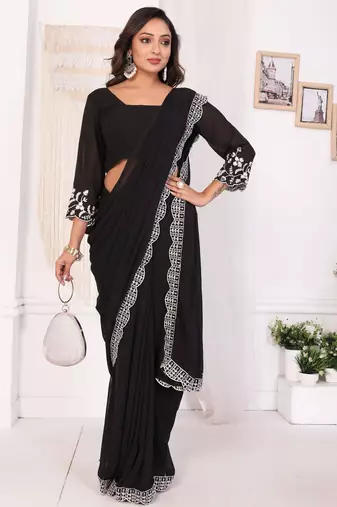 ready to wear attractive embroidery georgette saree with unstitched embroidery blouse