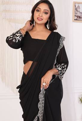 ready to wear attractive embroidery georgette saree with unstitched embroidery blouse 3
