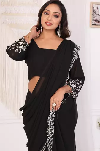 ready to wear attractive embroidery georgette saree with unstitched embroidery blouse