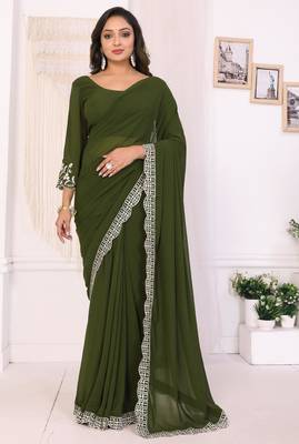 ready to wear mehendi embroidery georgette saree with unstitched blouse 1