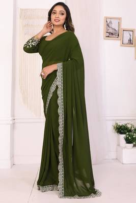 ready to wear mehendi embroidery georgette saree with unstitched blouse 2