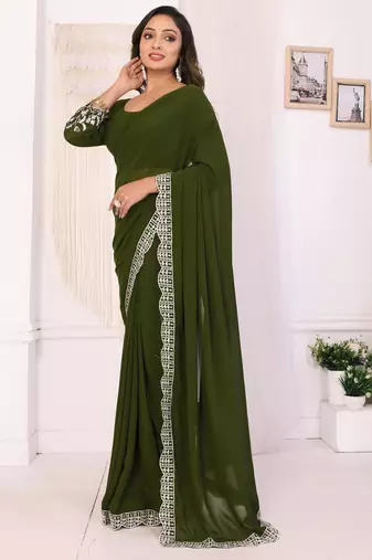 ready to wear mehendi embroidery georgette saree with unstitched blouse