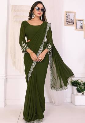 ready to wear mehendi embroidery georgette saree with unstitched blouse 3