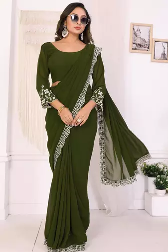 ready to wear mehendi embroidery georgette saree with unstitched blouse