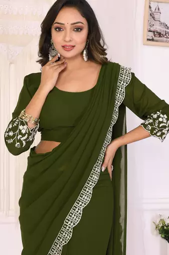 ready to wear mehendi embroidery georgette saree with unstitched blouse