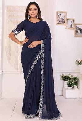 ready to wear navy blue embroidery georgette saree with unstitched blouse 1