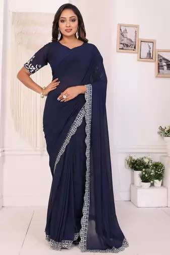navy blue Embroidery Georgette Ready to Wear Saree With Unstitched Blouse