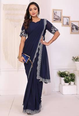 ready to wear navy blue embroidery georgette saree with unstitched blouse 2
