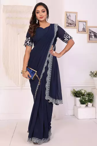 pre draped navy blue embroidery georgette saree