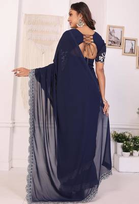 ready to wear navy blue embroidery georgette saree with unstitched blouse 3
