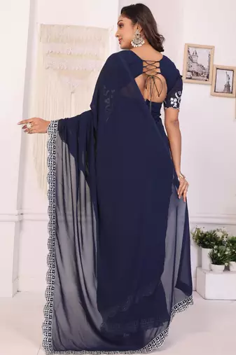 pre draped navy blue embroidery georgette saree