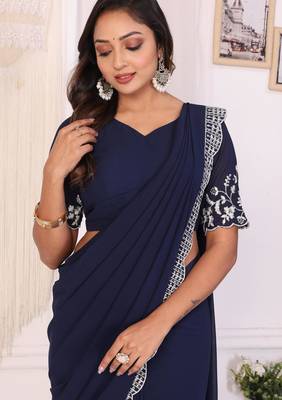 ready to wear navy blue embroidery georgette saree with unstitched blouse 5