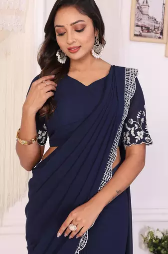 pre draped navy blue embroidery georgette saree