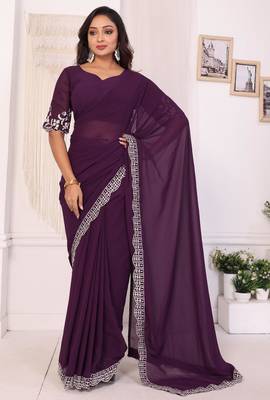 ready to wear wine embroidery georgette saree with unstitched blouse 1