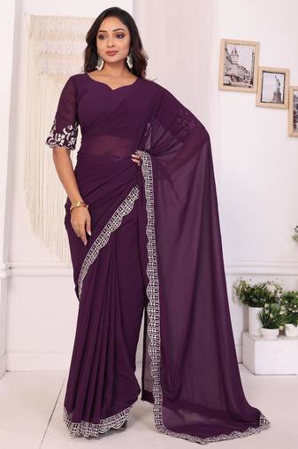 wine Embroidery Georgette Ready to Wear Saree With Unstitched Blouse
