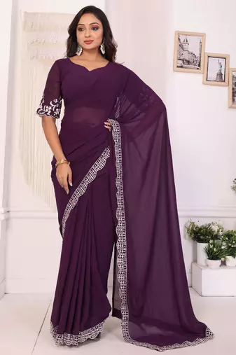 wine Embroidery Georgette Ready to Wear Saree With Unstitched Blouse
