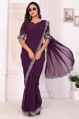 ready to wear wine embroidery georgette saree with unstitched blouse 2