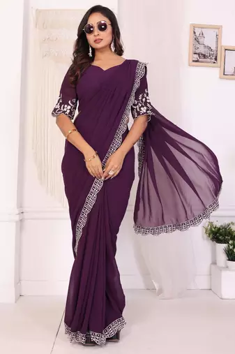 ready to wear wine embroidery georgette saree with unstitched blouse