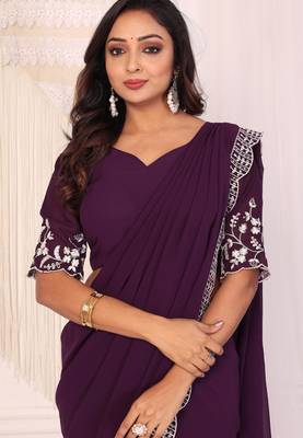 ready to wear wine embroidery georgette saree with unstitched blouse 3