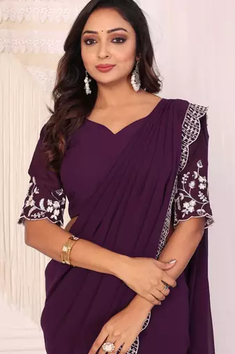 ready to wear wine embroidery georgette saree with unstitched blouse