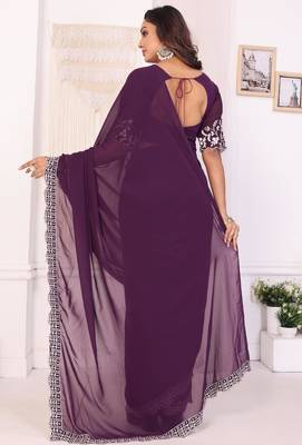 ready to wear wine embroidery georgette saree with unstitched blouse 4