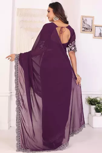 ready to wear wine embroidery georgette saree with unstitched blouse