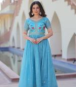 Sky gold crush sequins multi thread embroidered flared gown