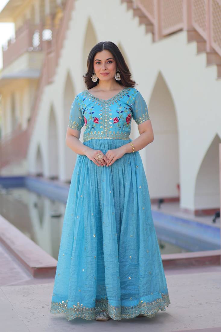 Sky gold crush sequins multi thread embroidered flared gown