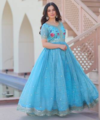 Sky gold crush sequins multi thread embroidered flared gown 4
