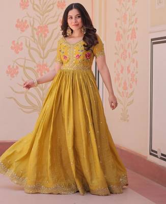 Yellow gold crush sequins multi thread embroidered flared gown 1