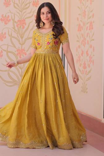 Yellow gold crush sequins multi thread embroidered flared gown